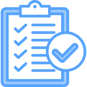 Blue clipboard with checkmarks representing completed tasks and verification checklist.
