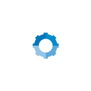Blue gear wheel icon with a circular center divided into darker and lighter blue halves