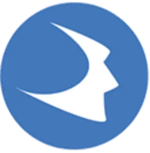 Blue circular logo with a white abstract face profile design inside, symbolizing communication or services.