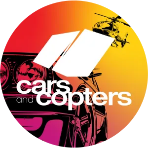 Circular logo with a car front and helicopter silhouette against a red to yellow gradient background