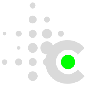 Abstract digital logo with gray dots forming a triangle and a gray 'C' shape enclosing a green circle on black background