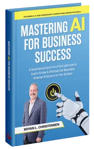 Book cover of Mastering AI for Business Success by Bryan L. Christensen with a robot hand and power button graphic.