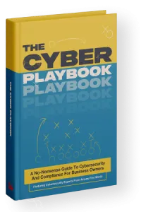 The Cyber Playbook book cover with a blue and yellow design featuring cybersecurity strategies for business owners.