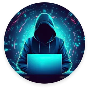 Hooded figure working on a laptop with futuristic digital data projections in a cyber environment.