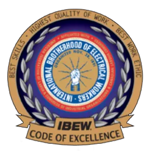 Logo of International Brotherhood of Electrical Workers with a raised fist and laurel wreath, highlighting excellence and skills.