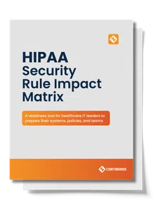 Cover of HIPAA Security Rule Impact Matrix readiness tool for healthcare IT leaders with orange and white design.