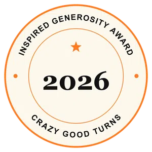 Round badge for Inspired Generosity Award 2026 with orange star and border, Crazy Good Turns slogan.