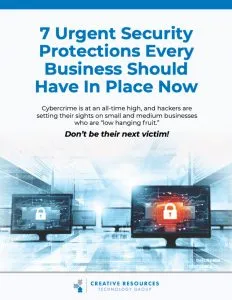 Infographic highlighting seven urgent security protections for businesses against cybercrime.