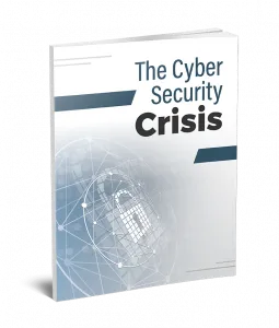 Ebook cover featuring a lock and digital network, titled 'The Cyber Security Crisis'.