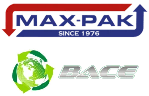 Logos of Max-Pak with red and blue arrows and BACE with a green globe recycling symbol