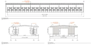 Architectural blueprints showing front, side, and cross-sectional views of a metal building structure.