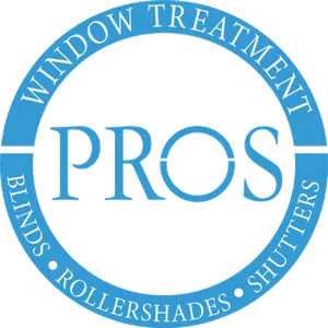 Blue circular logo with text PROS and window treatment services including blinds, rollershades, shutters