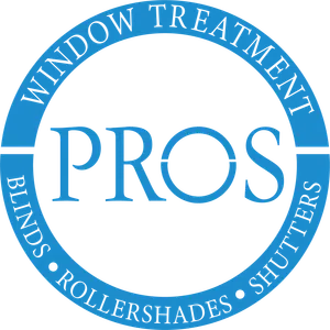 Blue circular logo for PROS Window Treatment featuring text about blinds, rollershades, and shutters.