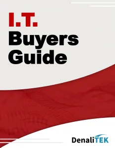 I.T. Buyers Guide cover with bold black and red text and red abstract wave design by DenaliTEK.