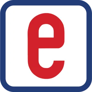 Red lowercase letter e inside a white square with rounded edges and a bold blue border