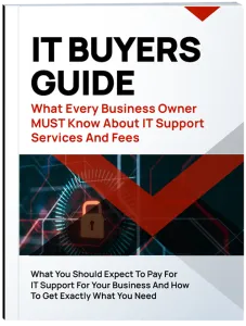 Cover of IT Buyers Guide explaining key IT support services, fees, and business owner tips with a lock graphic.