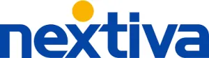Nextiva logo with blue lowercase letters and an orange dot above the letter e on a white background
