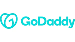 GoDaddy logo in turquoise with stylized G icon and bold text on white background