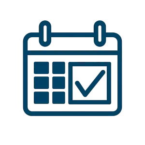 Blue calendar icon with a checkmark on a date indicating a scheduled or completed event.
