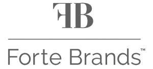 Forte Brands logo with stylized initials FB above horizontal line and company name in gray on black background