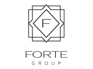 Forte Group logo with stylized F inside overlapping geometric frames and text below on black background