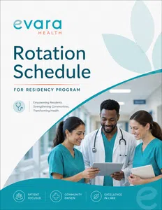 Evava Health rotation schedule for residency program with three medical professionals reviewing tablets in hospital hallway.