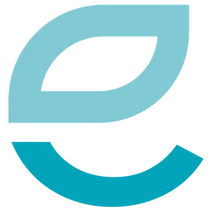 Abstract blue stylized lowercase letter e with curved leaf-like shapes on a transparent background