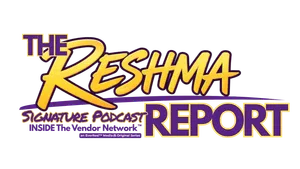 Logo of The Reshma Report Signature Podcast with bold yellow and purple text on transparent background