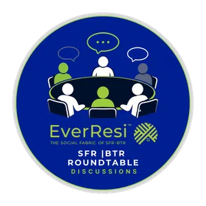 Illustration of six diverse figures in a roundtable discussion with EverResi logo and text on blue background.