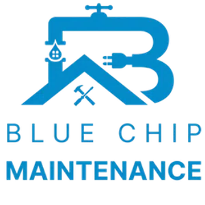Blue Chip Maintenance logo with a blue house, faucet, plug, wrench, and hammer icons symbolizing home repair services.