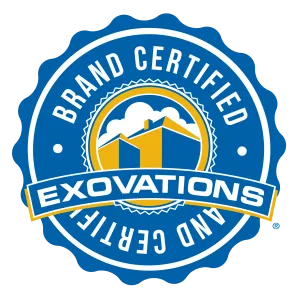 Blue and gold circular Exovations brand certified seal with house and cloud graphic