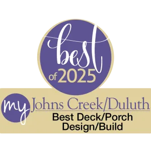 Award badge for Best Deck and Porch Design/Build in Johns Creek/Duluth for 2025 with purple and gold colors.
