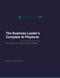 Cover page of The Business Leader's Complete AI Playbook by Framework IT with a dark background and green accents.