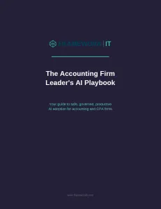 Framework IT logo and title of AI playbook for accounting firm leaders on safe, governed AI adoption.