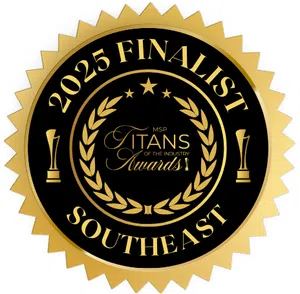 Gold and black seal for 2025 Finalist Southeast MSP Titans of the Industry Awards with laurel wreath and stars