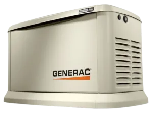 A Generac home generator with a beige exterior and ventilation grill, highlighting its modern design.