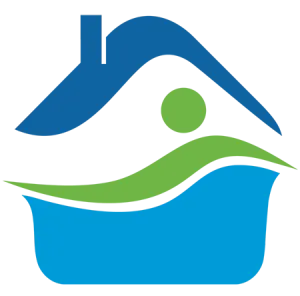 Abstract house with blue roof and base, featuring green wave and circle symbolizing a person inside.