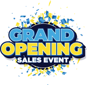 Colorful Grand Opening Sales Event sign with blue and yellow confetti celebrating a new store launch.