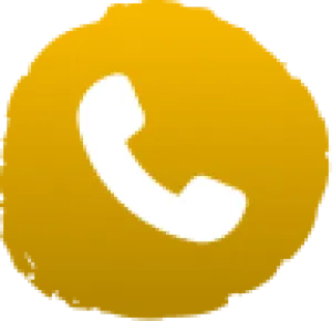 White telephone handset icon on a yellow irregular circular background representing a call or contact button