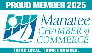 Logo of Manatee Chamber of Commerce with Proud Member 2025 and Think Local Think Chamber text