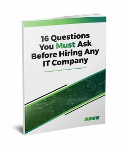 Ebook cover titled 16 Questions You Must Ask Before Hiring Any IT Company with green and black design elements