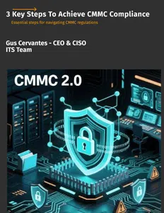 Digital shield with lock icon representing CMMC 2.0 cybersecurity compliance in a high-tech data center environment.