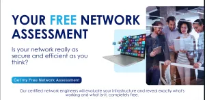 Group of professionals discussing network security beside laptop showing digital icons and free network assessment offer.