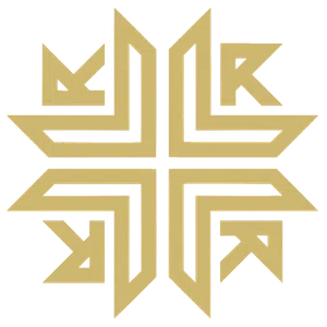 Symmetrical gold geometric pattern forming a cross shape on a black background