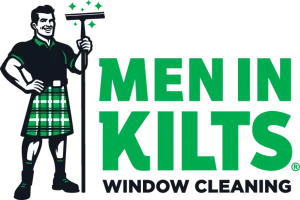 Logo featuring a man in a green plaid kilt holding a squeegee with sparkling effects, Men In Kilts window cleaning.