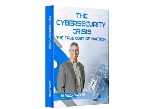 Book cover of The Cybersecurity Crisis by James Mayer featuring a digital lock and network design, emphasizing cybersecurity risks.