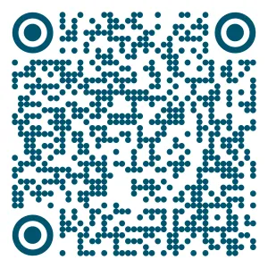 Blue dotted QR code on white background with circular patterns in three corners for scanning digital information.