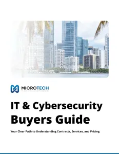 Modern city skyline with high-rise buildings and palm trees above IT and cybersecurity buyers guide text