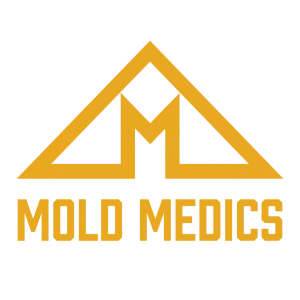 Yellow geometric mold medic logo with stylized 'M' inside a triangle on a black background