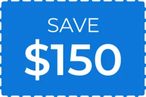 Blue coupon with white text offering to save $150 on a purchase or service.
